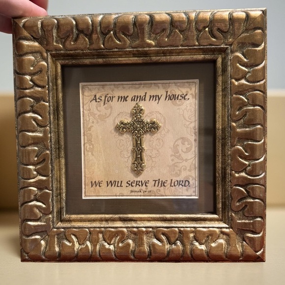 𝅺CarpenTree charming framed art Joshua 24:15 & ornate raised gold cross 7.5x7.5 - Picture 2 of 5